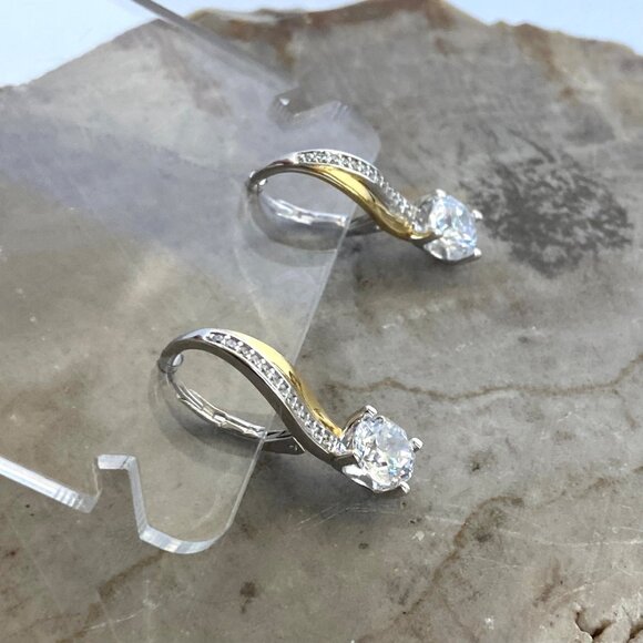 Sterling Silver 925 Round Cubic Zirconia Vermeil Two-tone Leverback Earrings - Picture 12 of 16